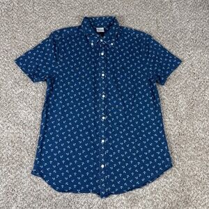 Brooks Brothers Button Down Shirt Mens L Blue Anchor Print Short Sleeve Cotton